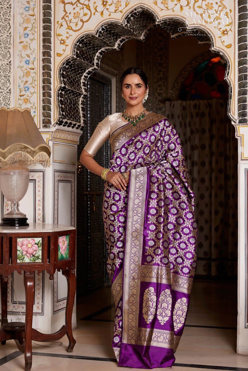 Purple Floral Printed Paithani Jacquard Art Silk by Icultuer