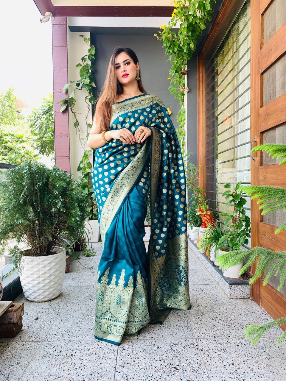 Multicolor Temple Border Banarasi Pure Silk by Icultuer