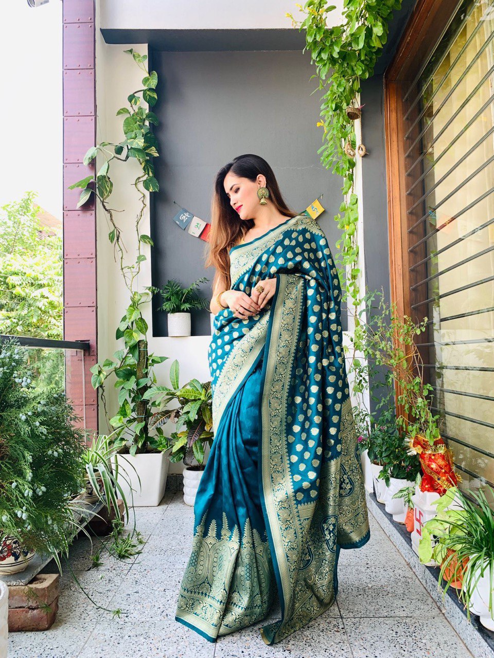 Multicolor Temple Border Banarasi Pure Silk by Icultuer