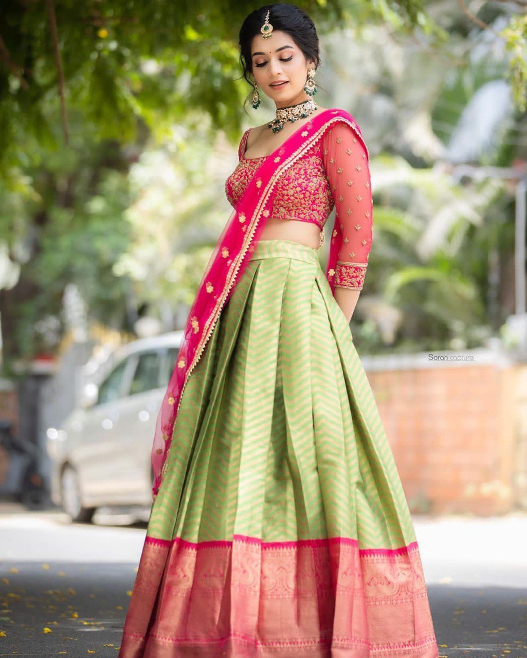 Pink & Green Kanjivaram Pure Silk by Icultuer & Blouse with Dupatta