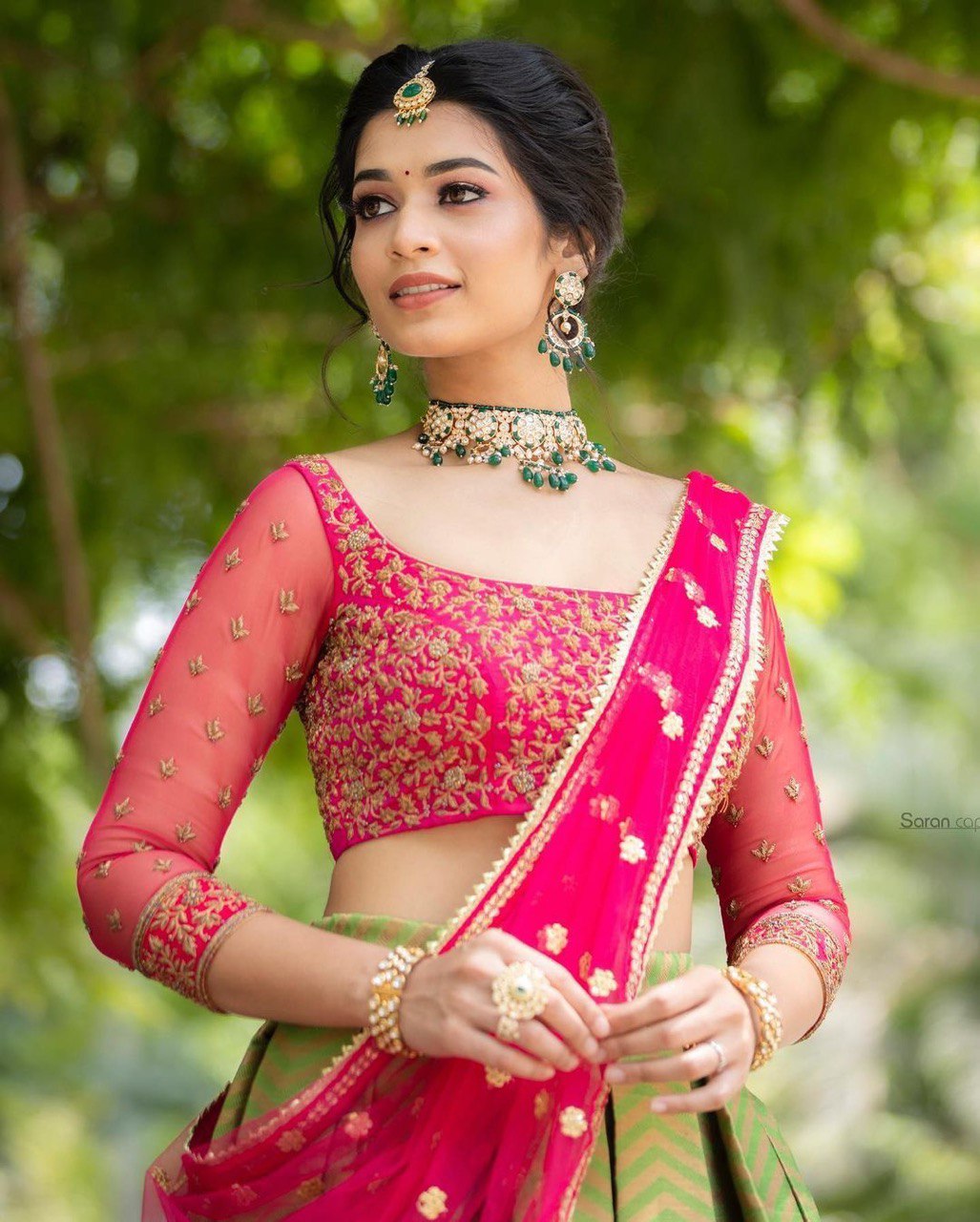 Pink & Green Kanjivaram Pure Silk by Icultuer & Blouse with Dupatta