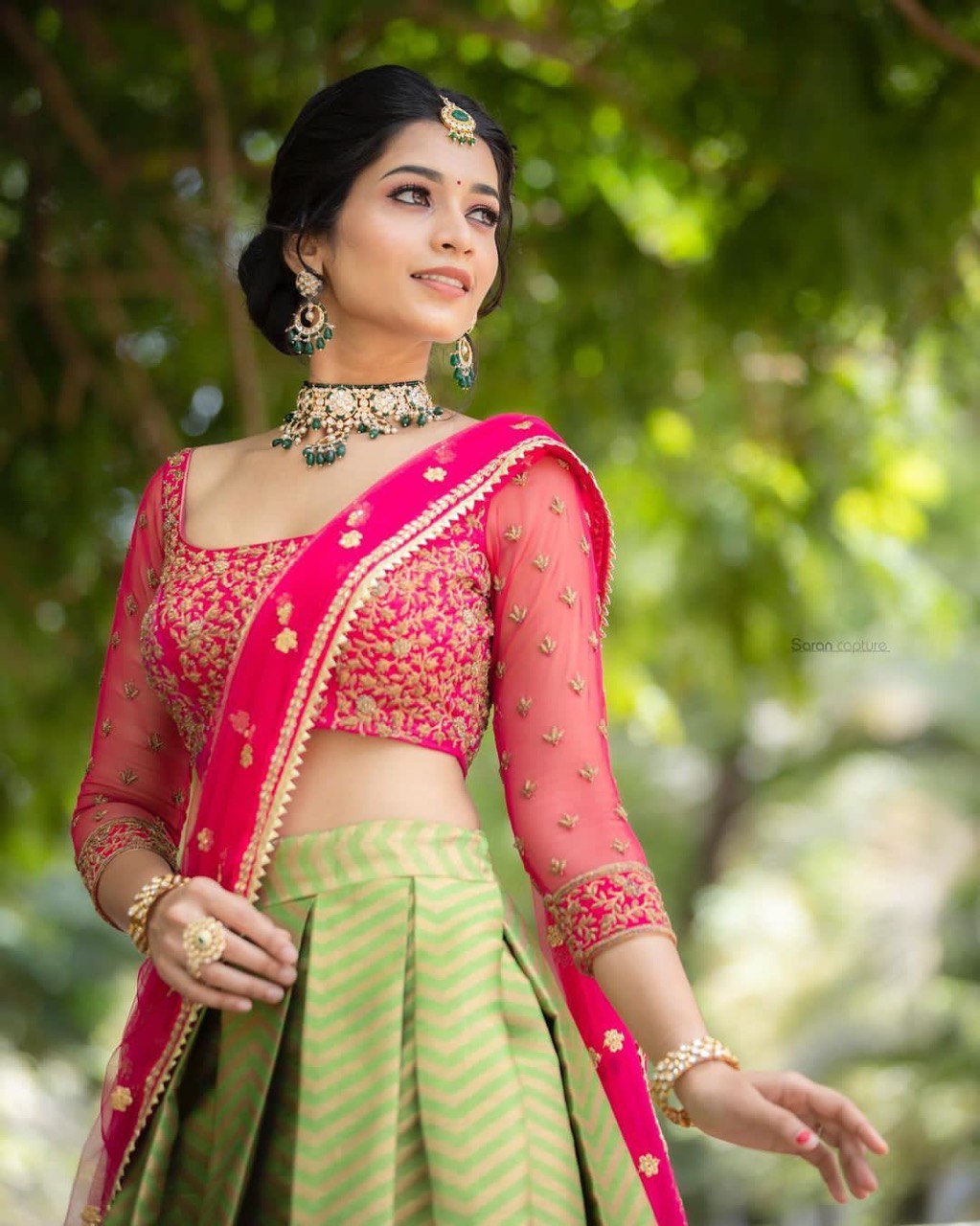 Pink & Green Kanjivaram Pure Silk by Icultuer & Blouse with Dupatta