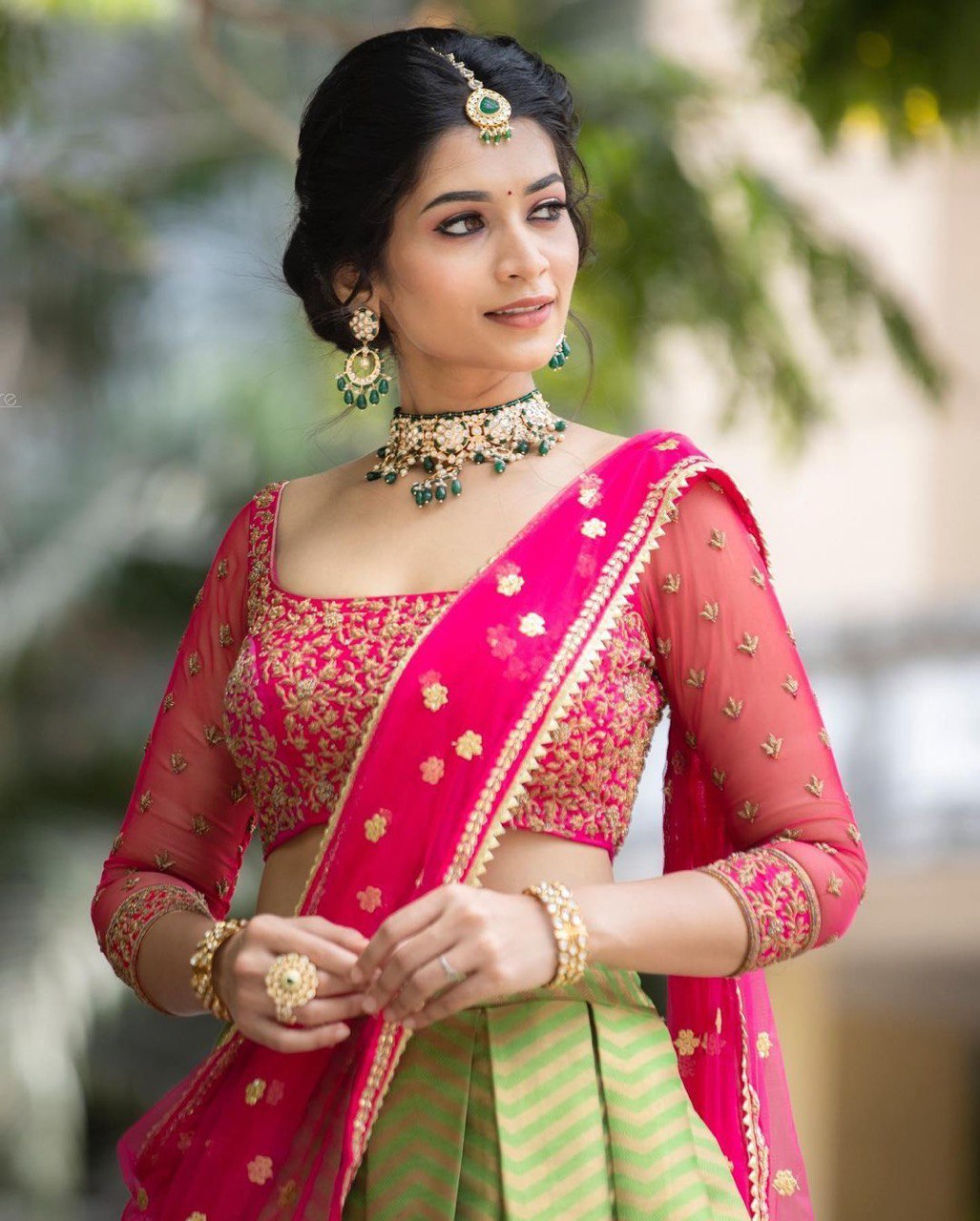 Pink & Green Kanjivaram Pure Silk by Icultuer & Blouse with Dupatta