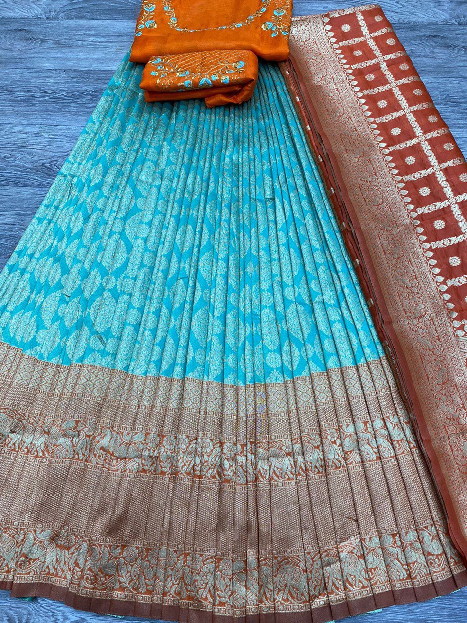 Blue & Green Zari Embroidered Lehenga Choli for Wedding