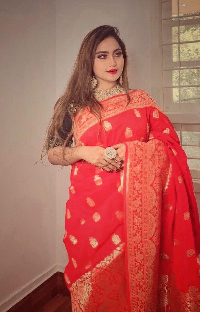 Red Zari Woven Design Soft Silk Kanjivaram Jacquard by Icultuer