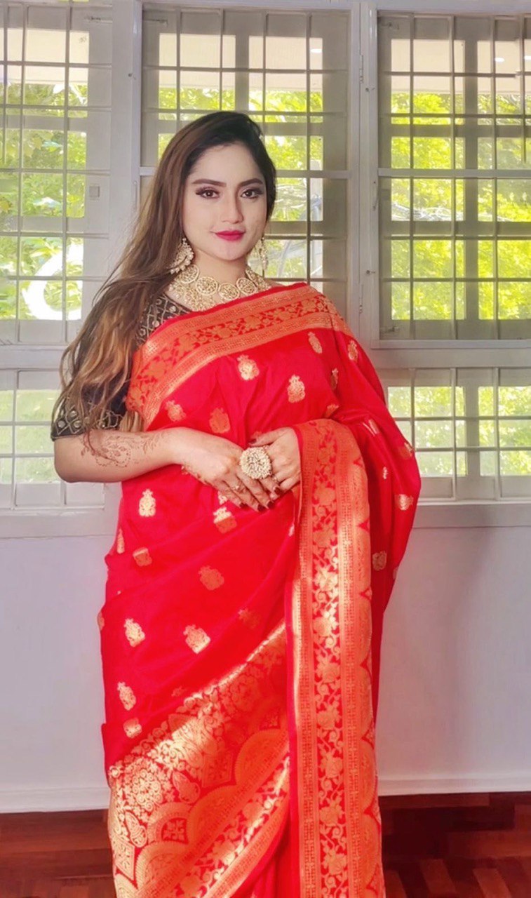 Red Zari Woven Design Soft Silk Kanjivaram Jacquard by Icultuer