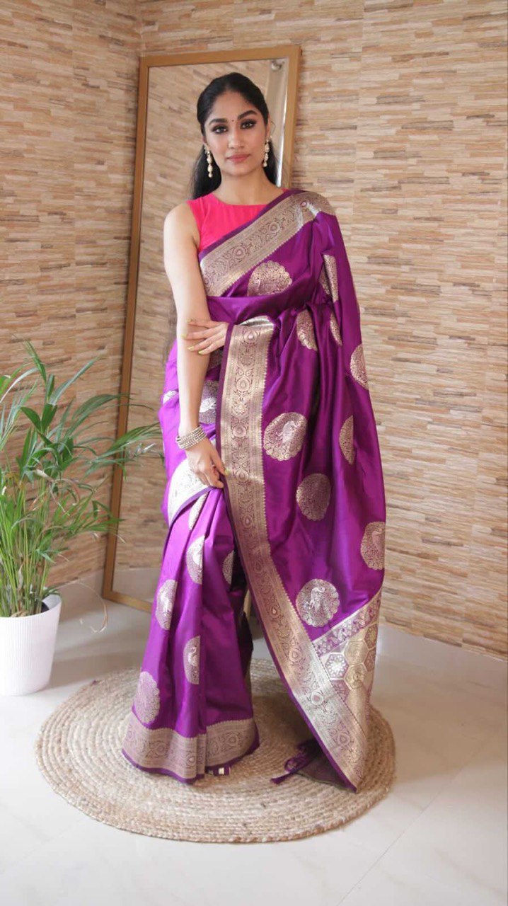Purple Peacock Applique Kanjivaram Art Silk by Icultuer