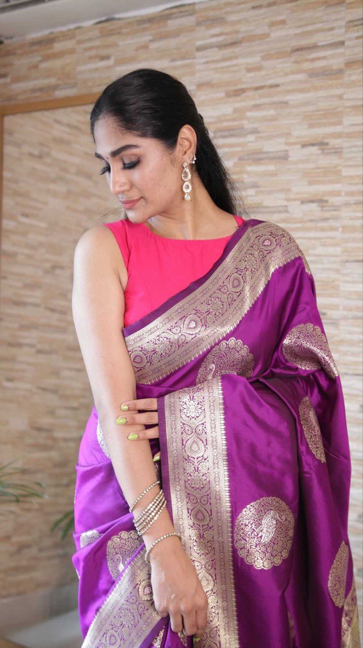Purple Peacock Applique Kanjivaram Art Silk by Icultuer