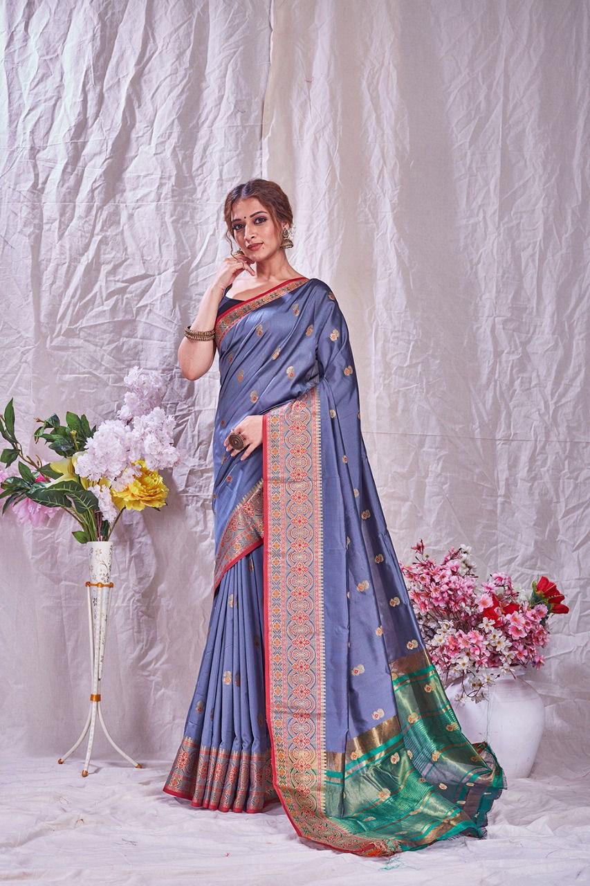 Grey Pure Zari Weaving Kanjivaram Silk by Icultuer