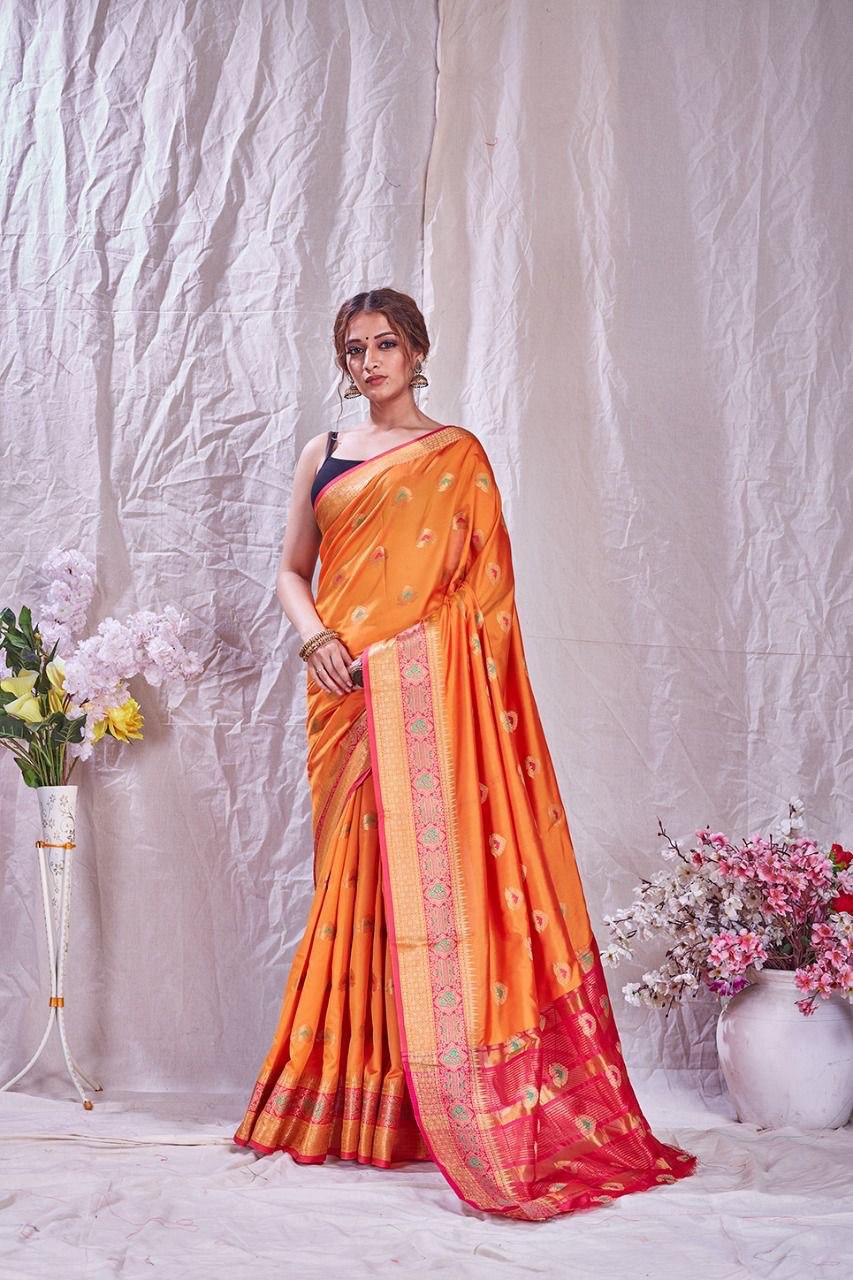 Orange Soft Silk jacquard by Icultuer with Beautiful Rich Pallu