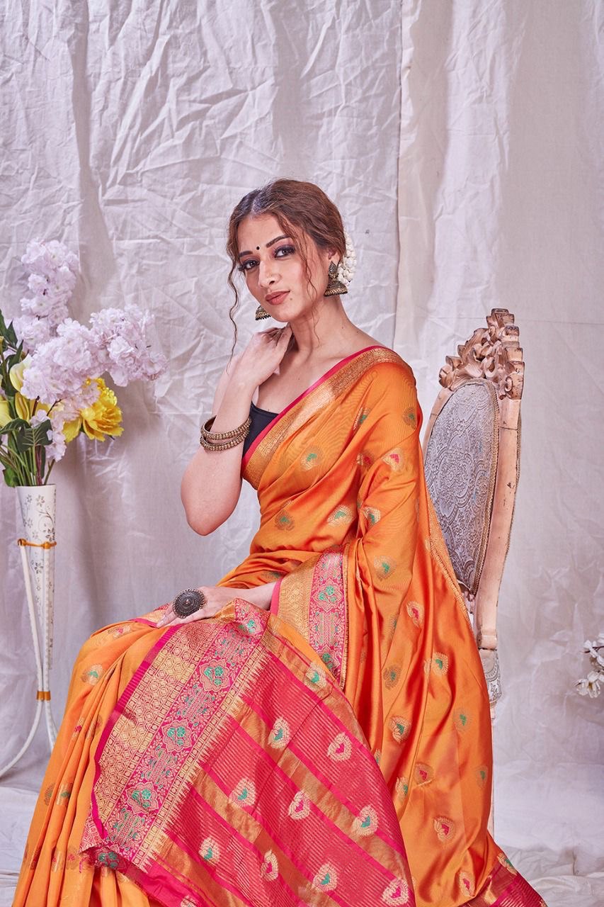 Orange Soft Silk jacquard by Icultuer with Beautiful Rich Pallu