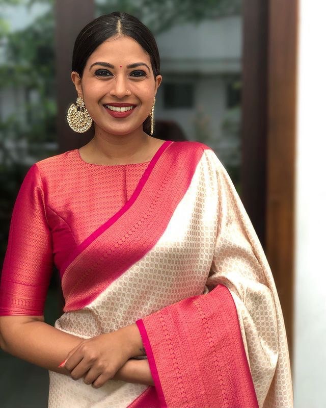 Cream & Pink Kanjivaram Soft Silk by Icultuer for Party Wear