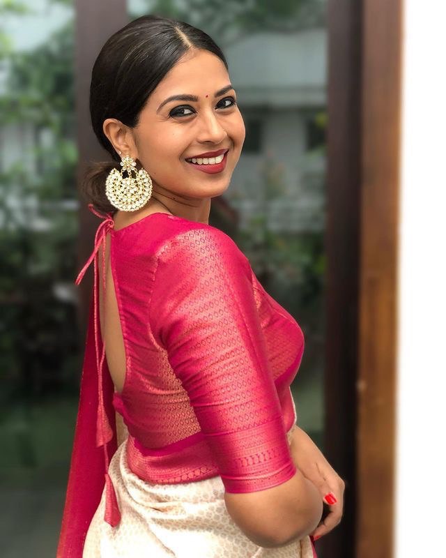 Cream & Pink Kanjivaram Soft Silk by Icultuer for Party Wear