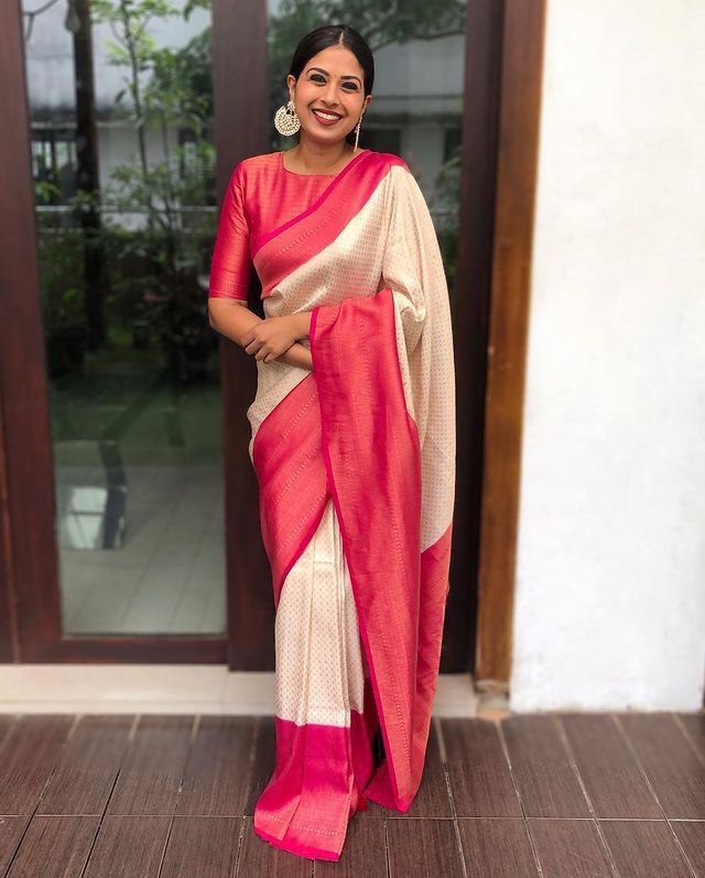 Cream & Pink Kanjivaram Soft Silk by Icultuer for Party Wear