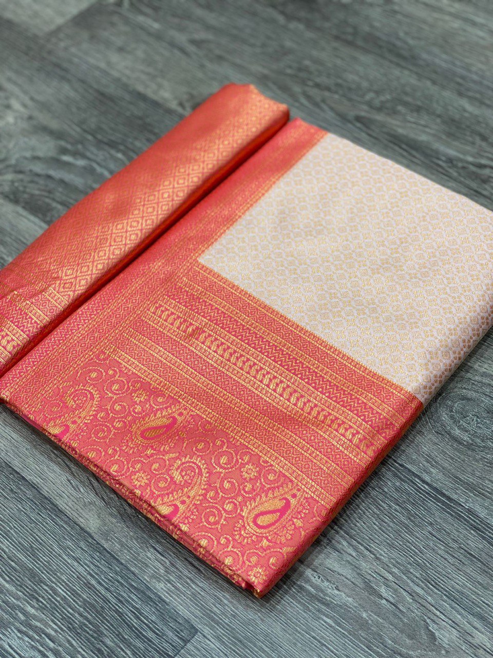 Cream & Pink Kanjivaram Soft Silk by Icultuer for Party Wear