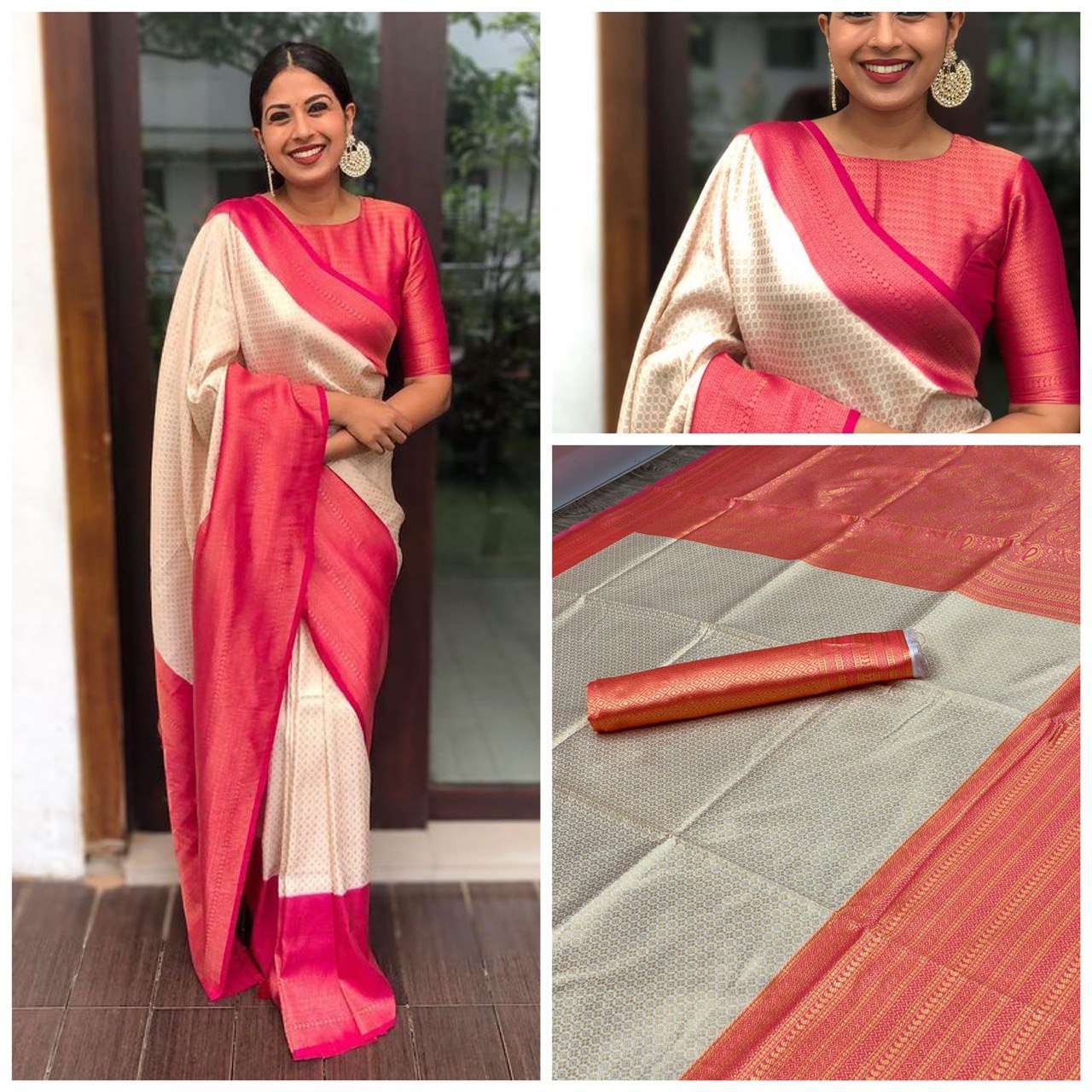 Cream & Pink Kanjivaram Soft Silk by Icultuer for Party Wear