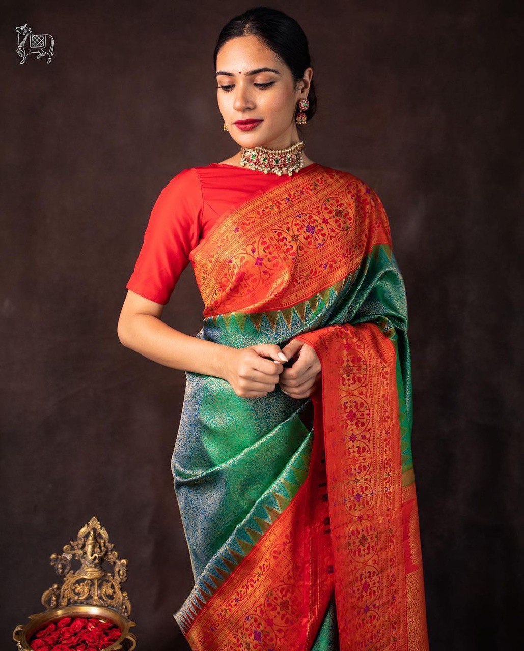 Green Banarasi Jacquard Cotton Silk by Icultuer