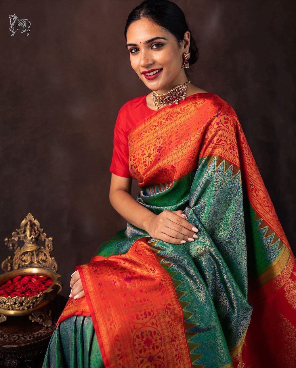 Green Banarasi Jacquard Cotton Silk by Icultuer