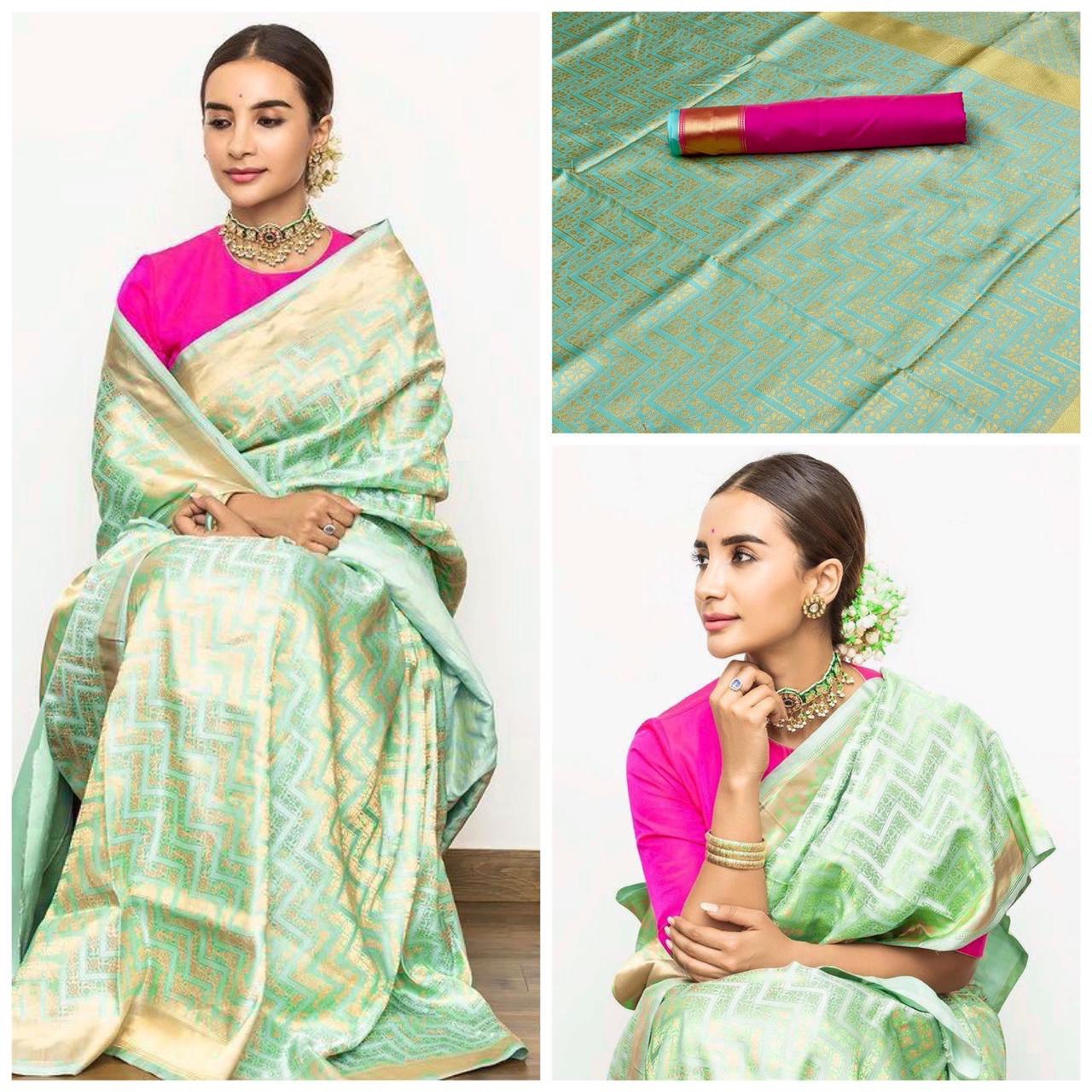 Light Green Soft Silk Banarasi Jacquard Cotton by Icultuer