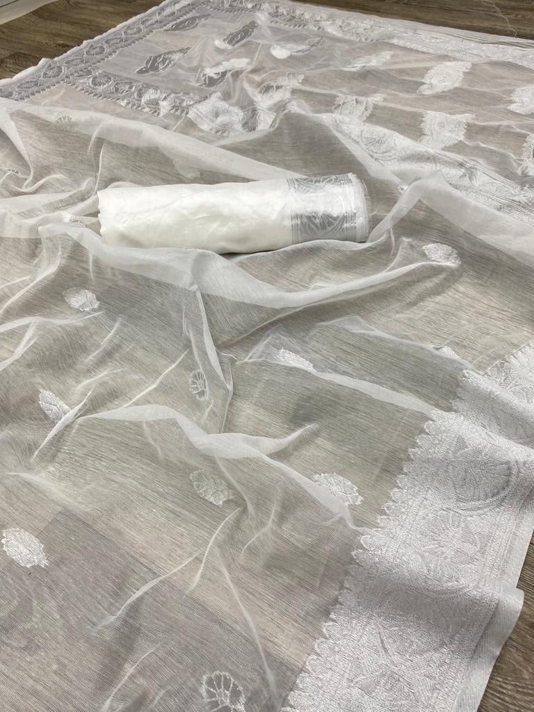 White Jacquard Woven Design Banarasi Cotton Blend by Icultuer