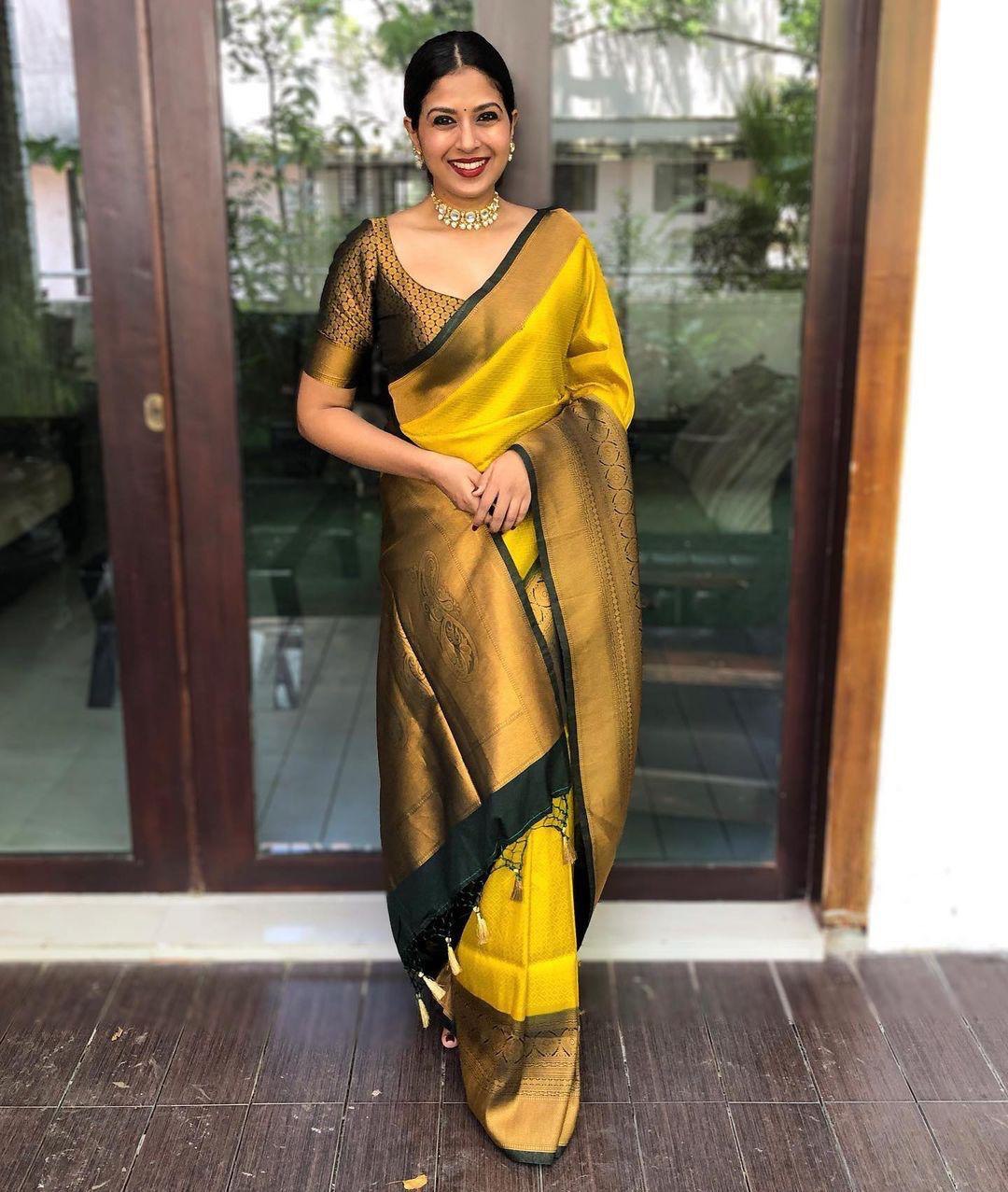 Yellow Soft Litchi Silk by Icultuer For Haldi Ceremony