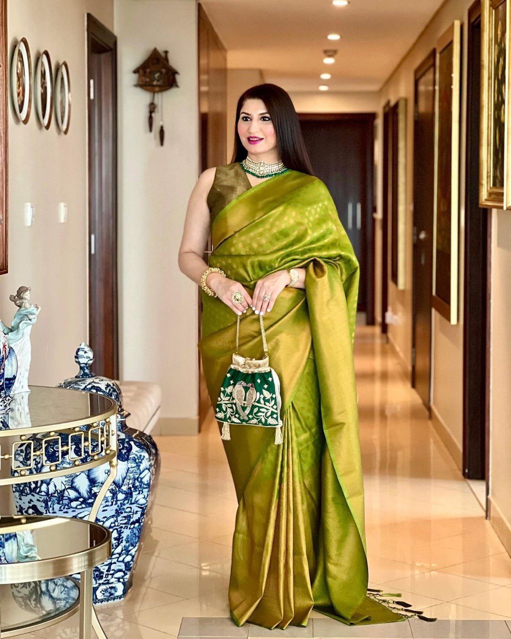 Green Zari Woven Lichi Silk Banarasi by Icultuer for Women