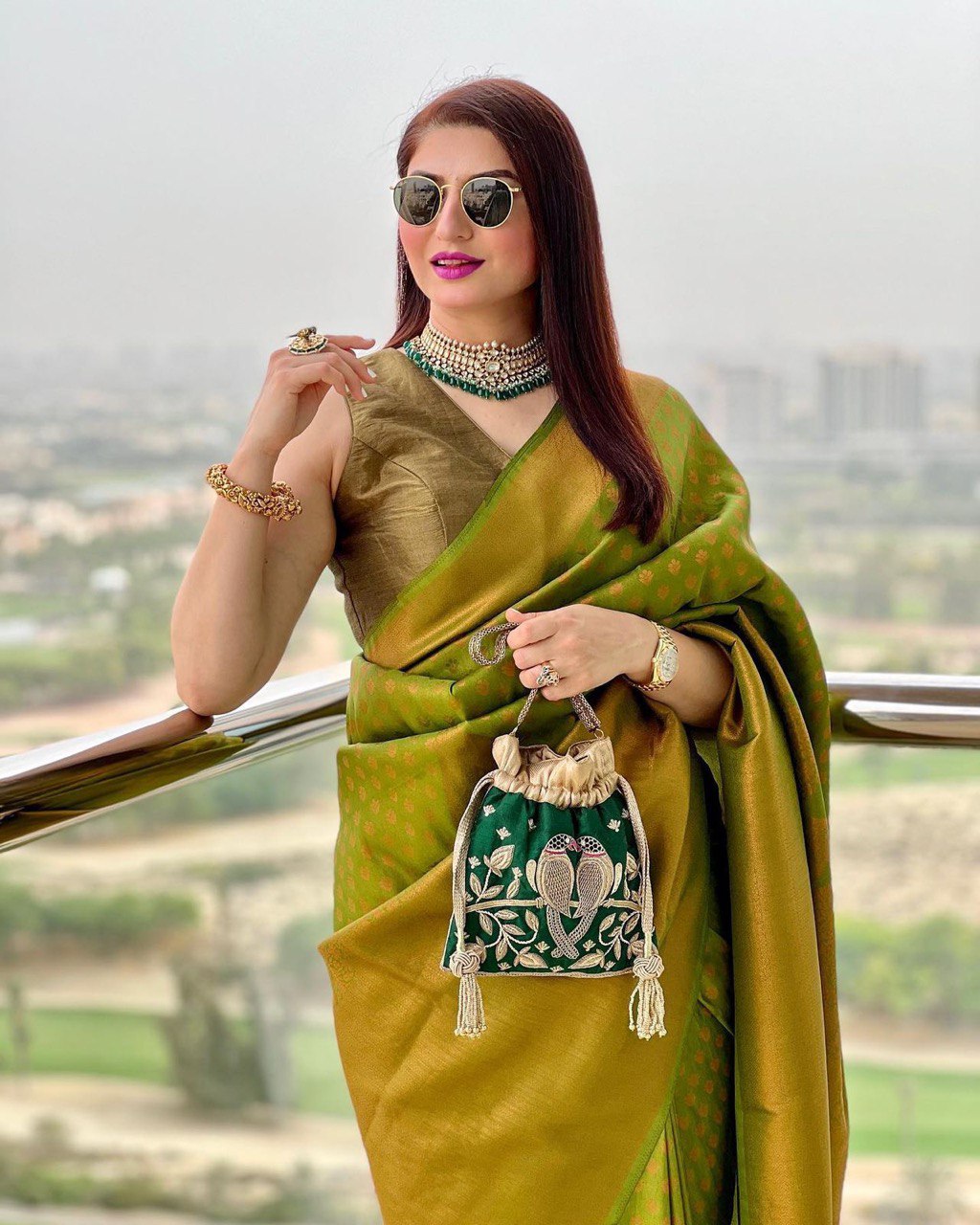 Green Zari Woven Lichi Silk Banarasi by Icultuer for Women