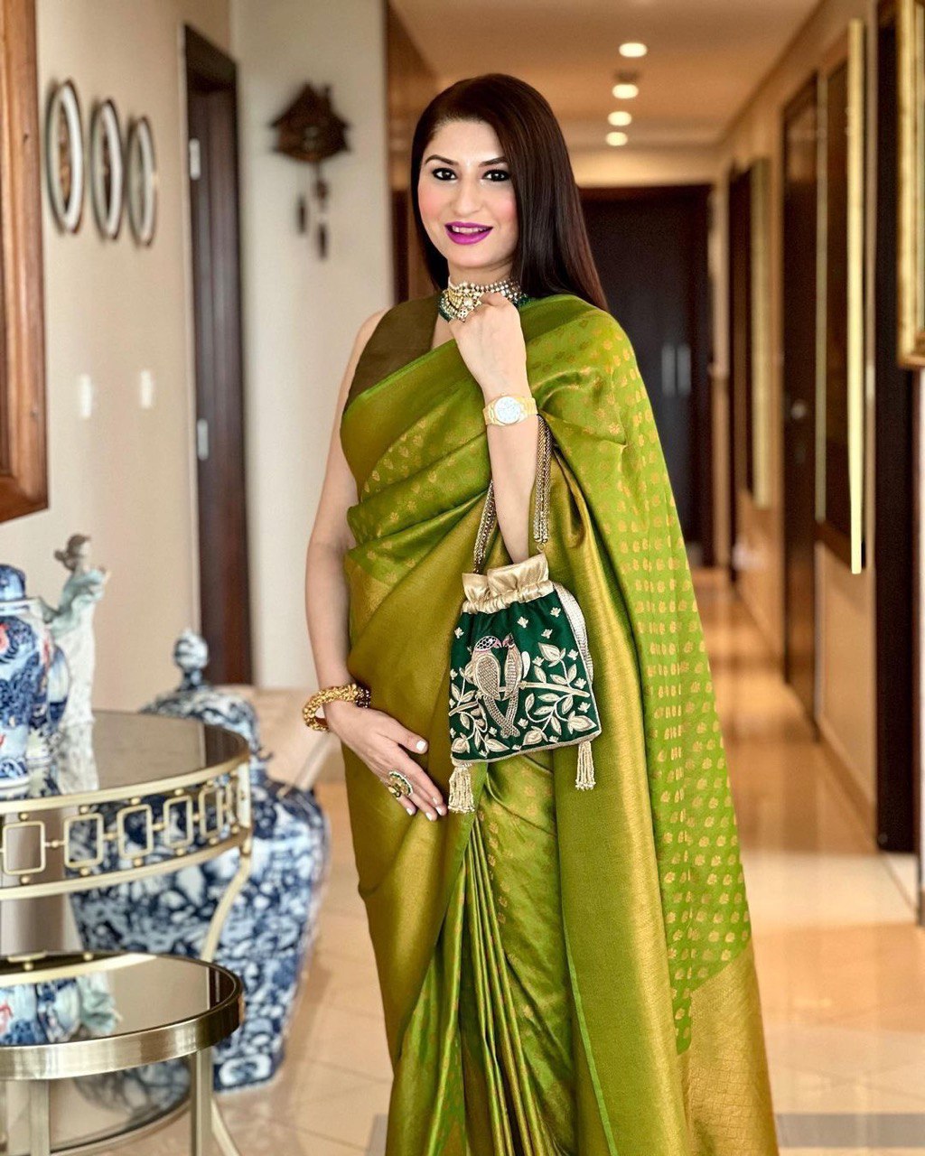 Green Zari Woven Lichi Silk Banarasi by Icultuer for Women