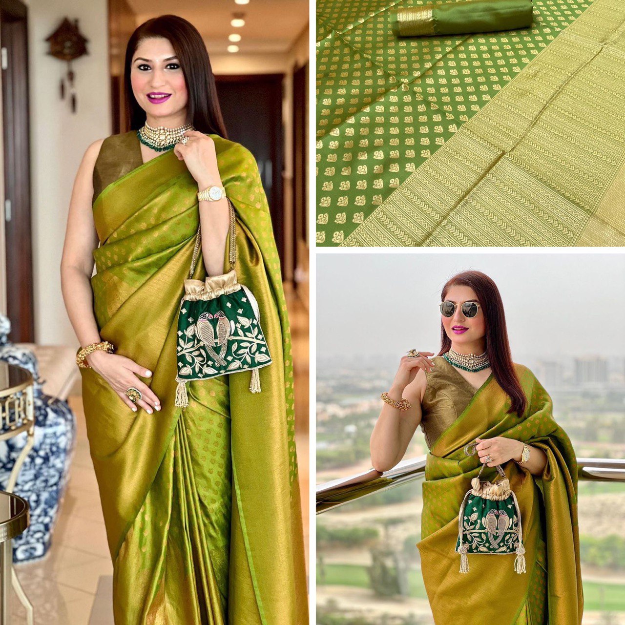 Green Zari Woven Lichi Silk Banarasi by Icultuer for Women