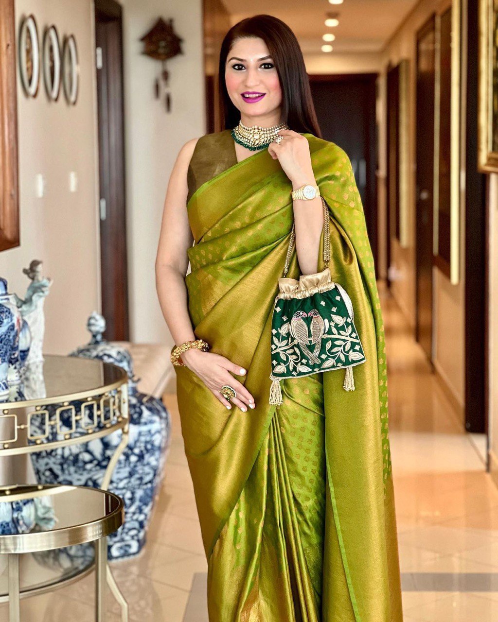 Green Zari Woven Lichi Silk Banarasi by Icultuer for Women