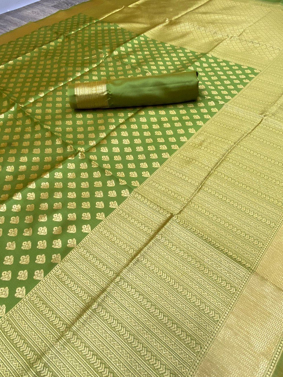 Green Zari Woven Lichi Silk Banarasi by Icultuer for Women