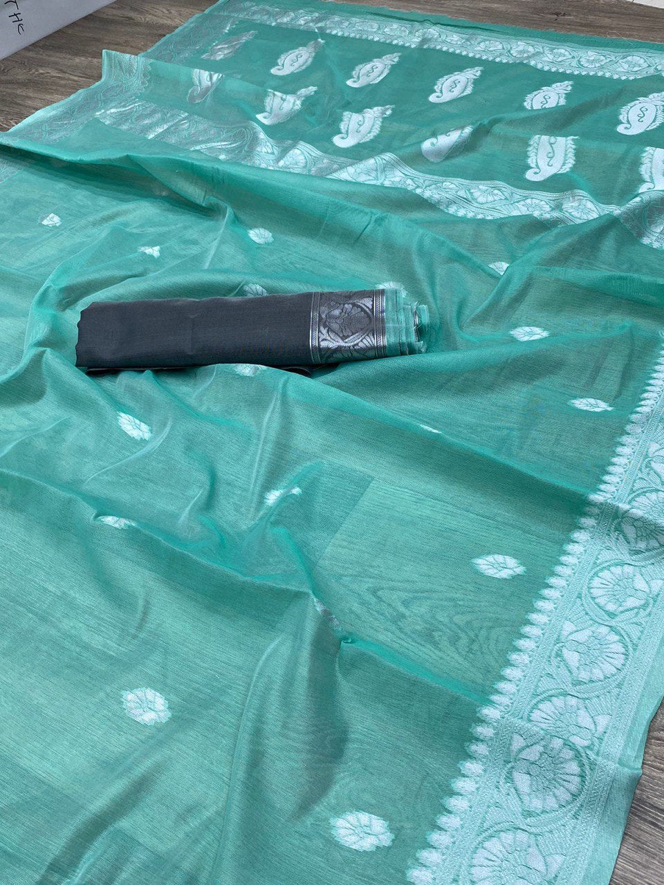 Mint Green Cotton Linen by Icultuer with Embroidery Work