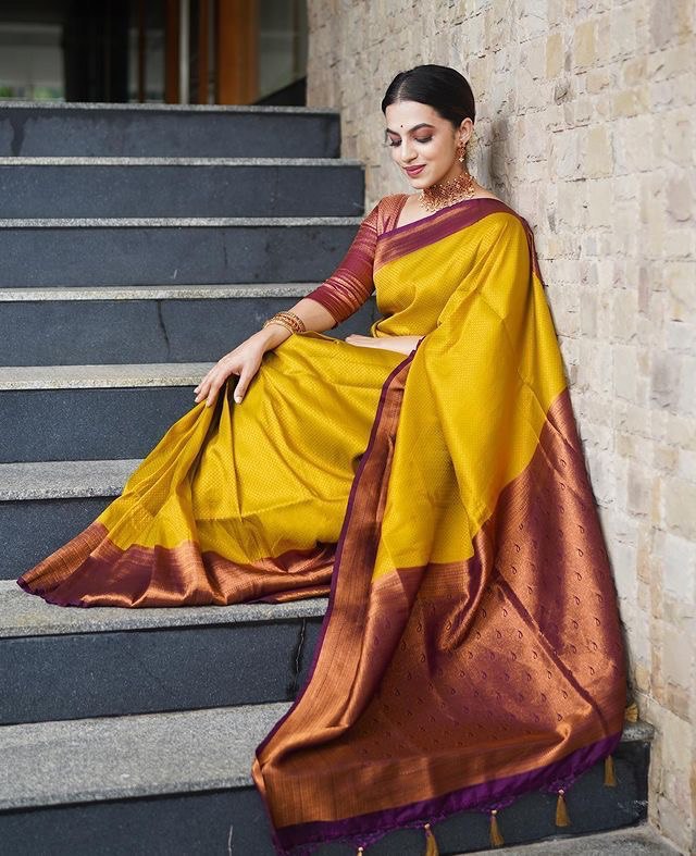 Yellow Self Design Zari Weaving Pure Jacquard Silk by Icultuer
