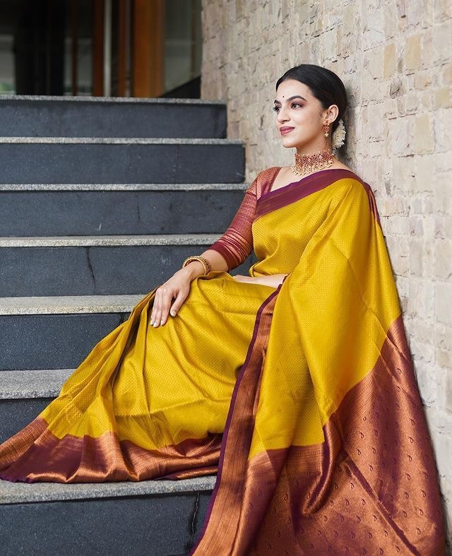 Yellow Self Design Zari Weaving Pure Jacquard Silk by Icultuer