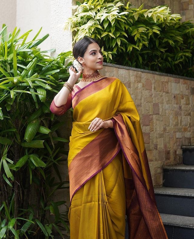 Yellow Self Design Zari Weaving Pure Jacquard Silk by Icultuer