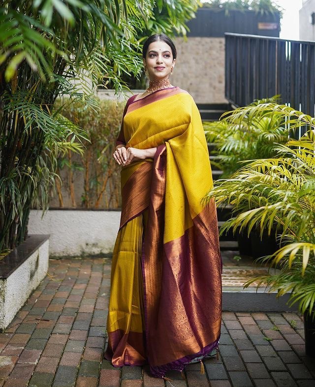 Yellow Self Design Zari Weaving Pure Jacquard Silk by Icultuer