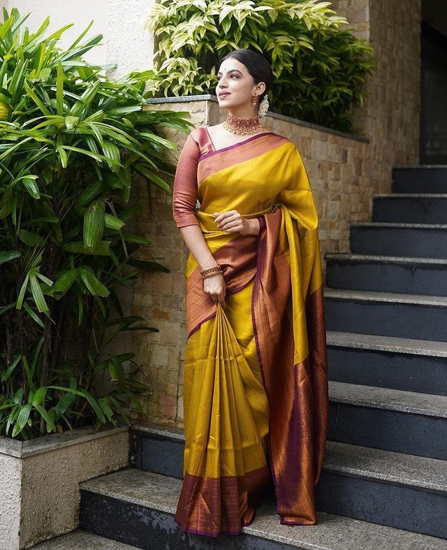 Yellow Self Design Zari Weaving Pure Jacquard Silk by Icultuer
