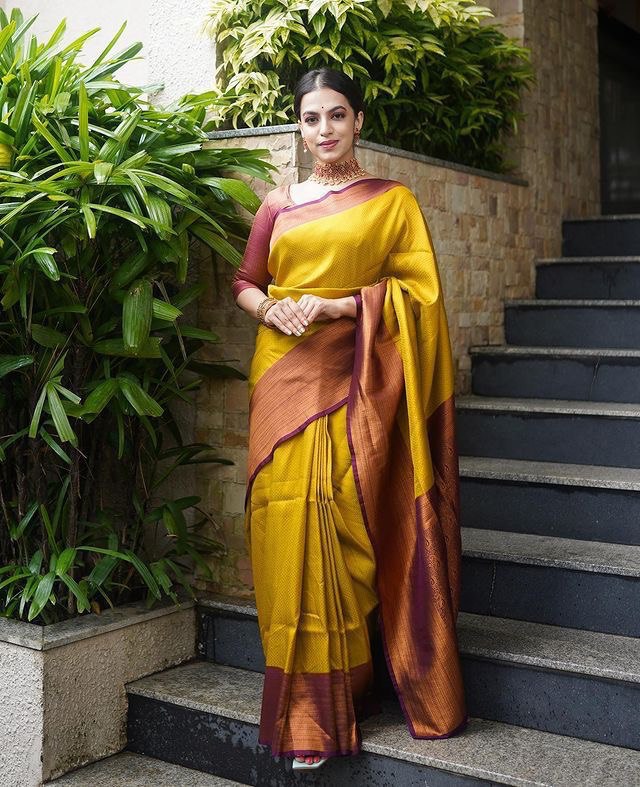 Yellow Self Design Zari Weaving Pure Jacquard Silk by Icultuer