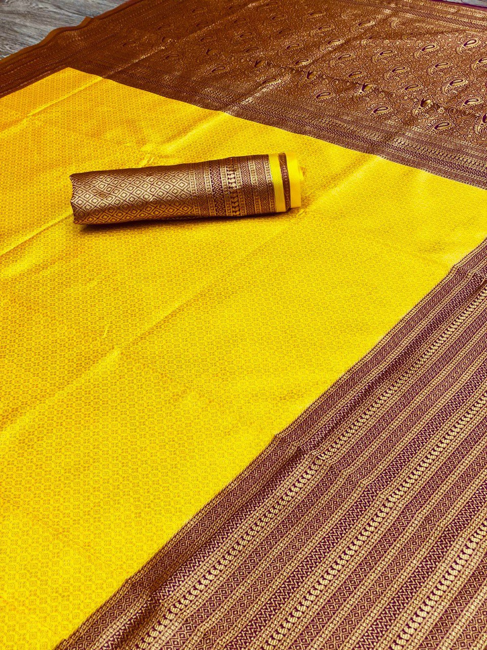 Yellow Self Design Zari Weaving Pure Jacquard Silk by Icultuer
