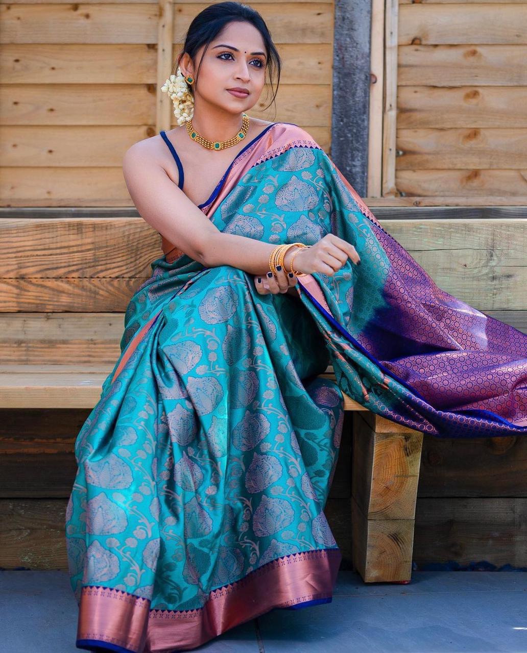 Sky Blue Zari Woven Fancy Jacquard by Icultuer for Wedding