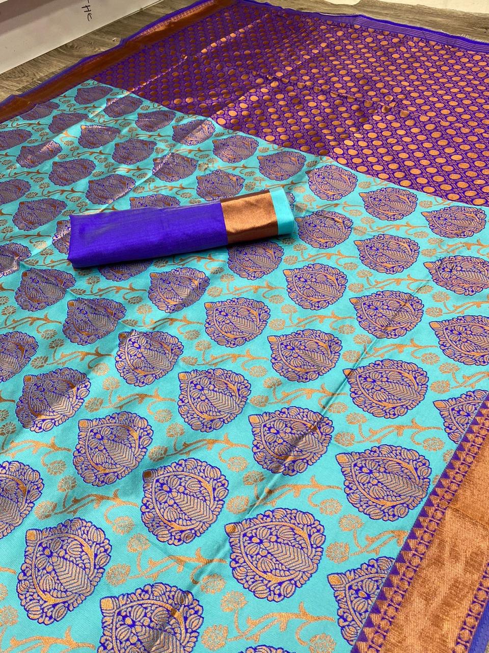 Sky Blue Zari Woven Fancy Jacquard by Icultuer for Wedding