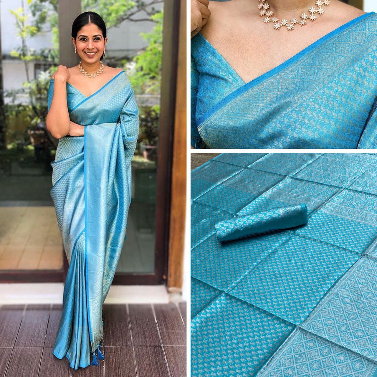 Sky Blue Zari Weaving Banarasi Soft Lichi Silk by Icultuer