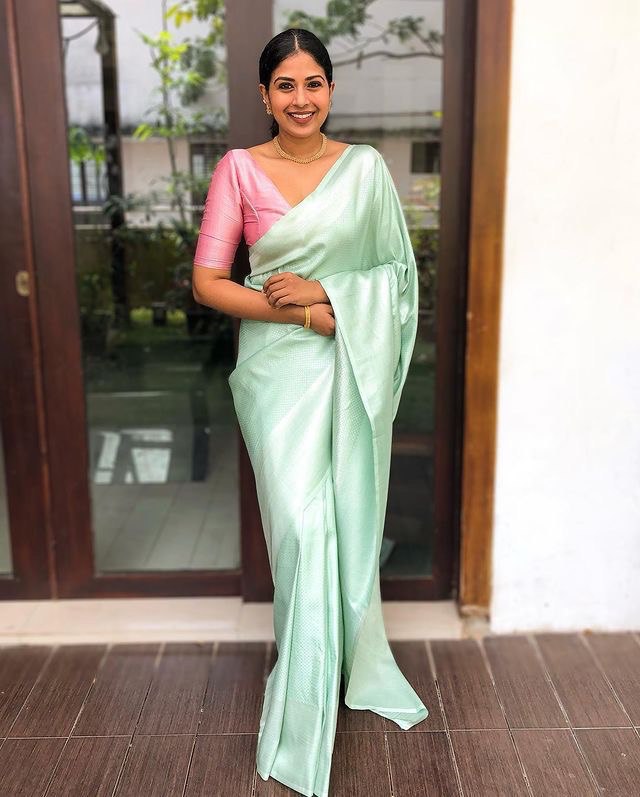 Silver Green Zari Weaving Banarasi Silk Blend by Icultuer