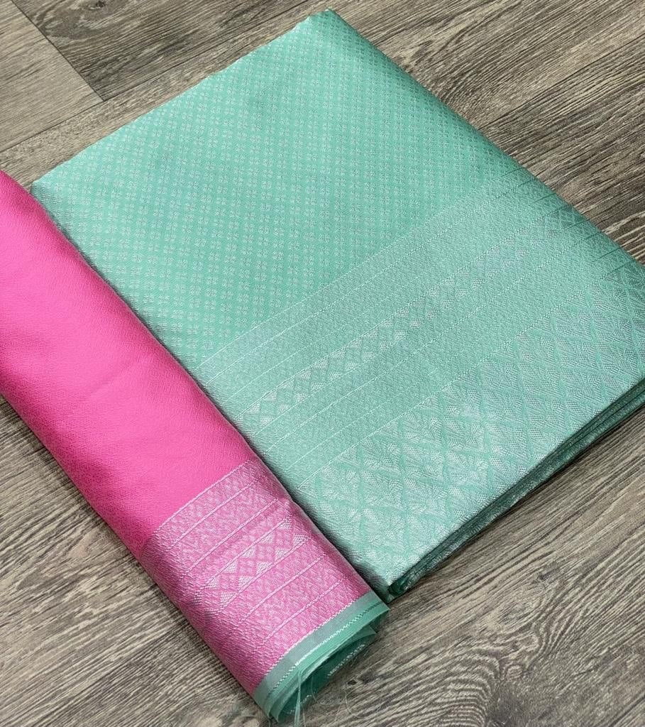 Silver Green Zari Weaving Banarasi Silk Blend by Icultuer