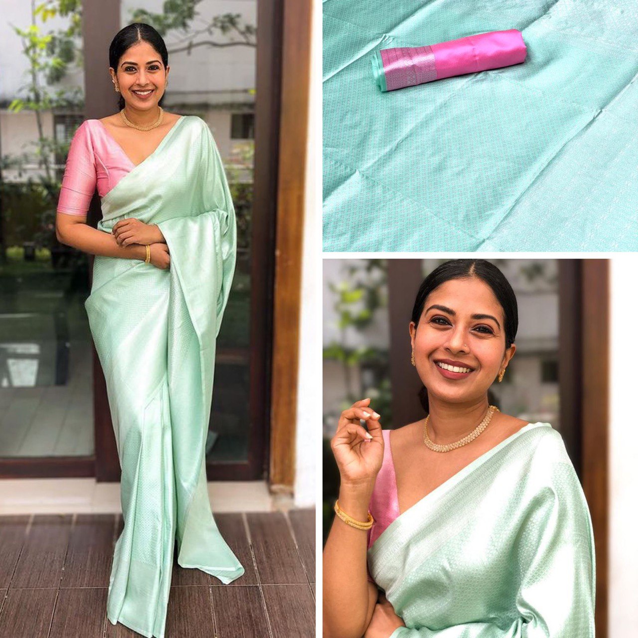 Silver Green Zari Weaving Banarasi Silk Blend by Icultuer