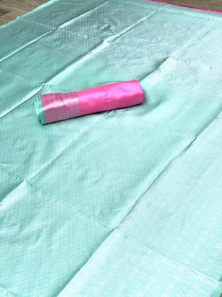 Silver Green Zari Weaving Banarasi Silk Blend by Icultuer