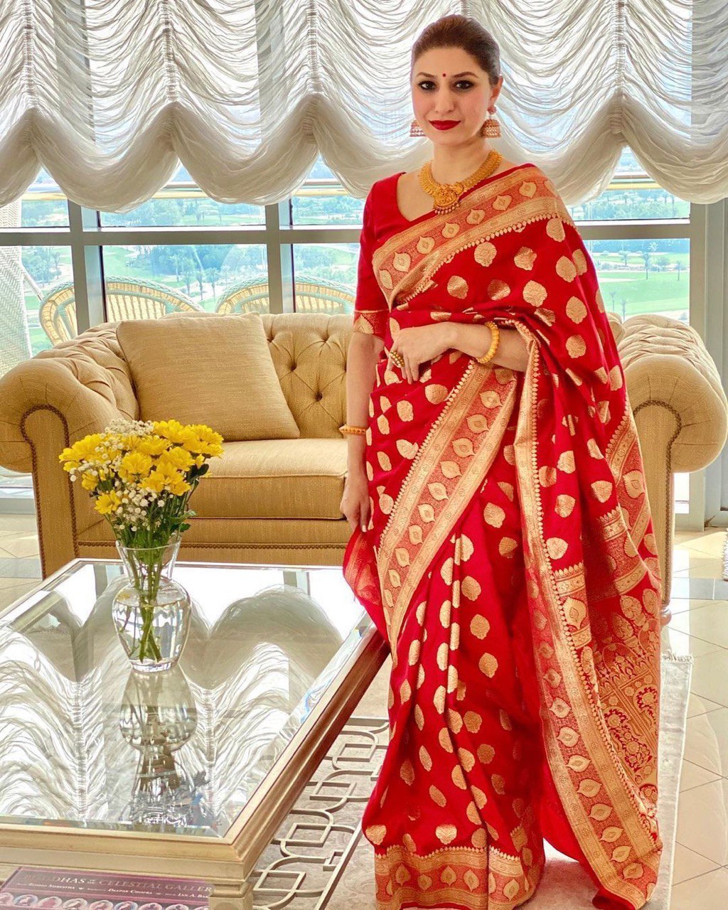 Red Banarasi Soft Silk With golden Weaving by Icultuer