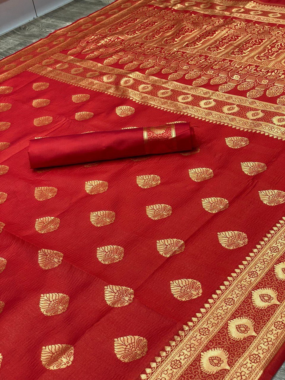 Red Banarasi Soft Silk With golden Weaving by Icultuer
