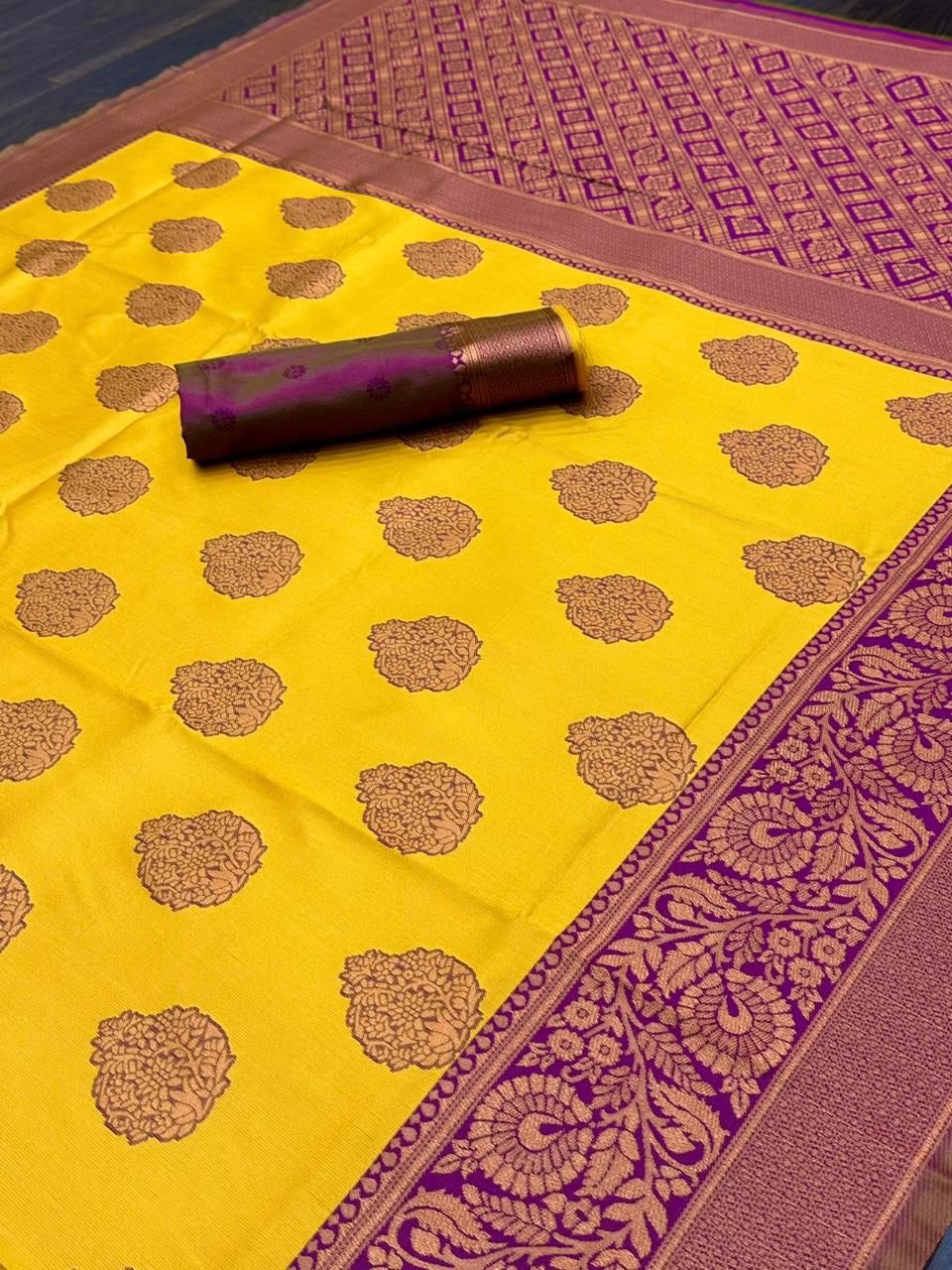 Yellow Kadwa Weave Lichi Silk by Icultuer for Women