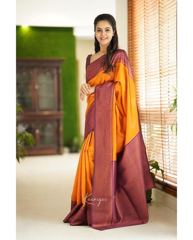 Yellow Kadwa Weave Lichi Silk by Icultuer for Women